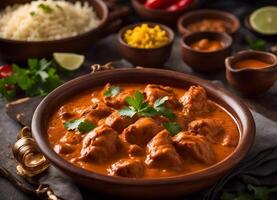 AI generated Butter chicken in clay bowl with rice and garnishes photo