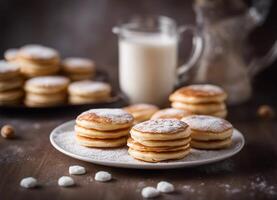 ai generado apilar de poffertjes un tradicional holandés tortita con azúcar polvo foto