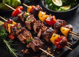 ai generado A la parrilla carne shish brocheta con vegetales en brochetas foto