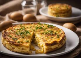 ai generado Español tortilla con hierbas y huevos en un de madera antecedentes. selectivo enfocar. foto