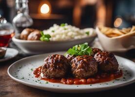 AI generated Kafta meatballs in tomato sauce with rice and vegetables photo