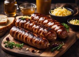 AI generated roasted bratwurst on a wooden board photo