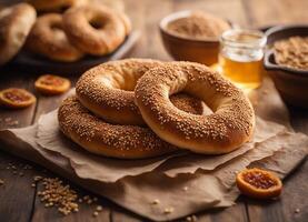 AI generated Turkish Bagel Simit with sesame seeds on rustic wooden background. photo