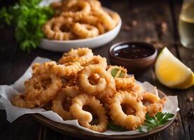 ai generado frito calamares anillos, frito calamar anillos en un plato con salsa foto