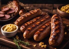 AI generated roasted bratwurst on a wooden board photo