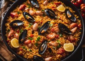 AI generated Seafood paella with rice, shrimps and mussels photo