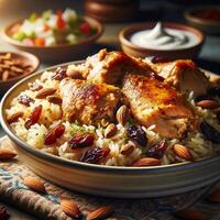 AI generated Arabian dish chicken kabsa with rice mandi, arab cuisine. photo