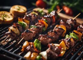 ai generado A la parrilla carne shish brocheta con vegetales en brochetas foto