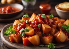 ai generado Español patatas patatas bravas con tomate y picante salsa foto