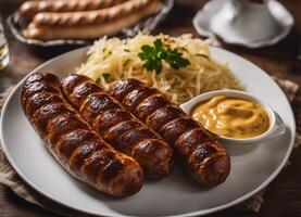 ai generado A la parrilla salchichas con mayonesa y mostaza en de madera mesa foto