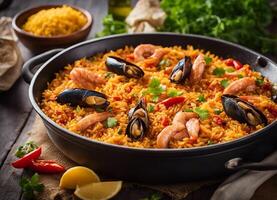 AI generated Seafood paella with rice, shrimps and mussels photo