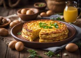 ai generado Español tortilla con huevos y perejil en un de madera antecedentes. foto