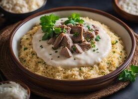 ai generado mansaf, tradicional jordania plato de arroz, cordero, y yogur salsa foto