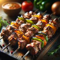 ai generado A la parrilla carne shish brocheta con vegetales en brochetas foto