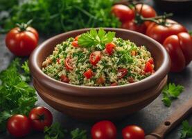 ai generado tabulé - tradicional medio oriental ensalada con cuscús, Tomates y perejil foto