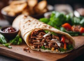 AI generated Doner kebab - grilled meat wrapped in pita bread photo