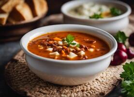 AI generated chorba soup, turkish food, soups with many varieties such as lentil or tomato soup photo