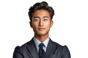 AI generated Smiling asian young man wearing a suit and tie, hugging his chest, looking off to the side, isolated on transparent background png