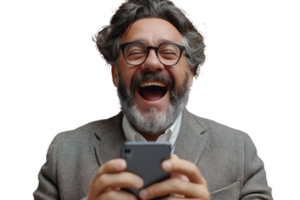 AI generated Excited happy Middle aged man in suit with phone rejoices in victory or winning isolated on transparent background png