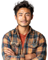 ai généré Beau Jeune asiatique homme portant une plaid chemise isolé sur transparent Contexte. png