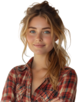AI generated Beautiful young woman wearing a plaid shirt isolated on transparent background. png