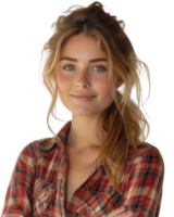 ai generato bellissimo giovane donna indossare un' plaid camicia isolato su trasparente sfondo. png