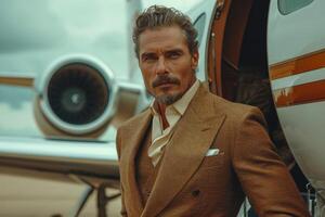 AI generated A man in a suit standing next to an airplane. A man stands confidently in front of a passenger airplane on the tarmac, ready to embark on his journey. photo