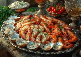 ai generado delicioso Mariscos plato con Rico selección de mariscos ostras langostinos mejillones almejas en de madera mesa en restaurante imagen estándar foto