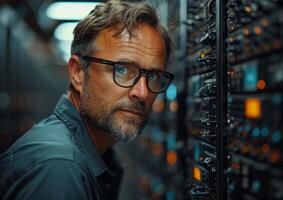 AI generated Man with glasses is working in a data center. A man wearing glasses intently examines the equipment in a server room. photo