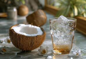 AI generated A coconut is cut in half. A glass of water and half a coconut are placed on a table, creating a refreshing scene. photo