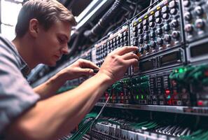 AI generated Man Working on Server in Server Room photo