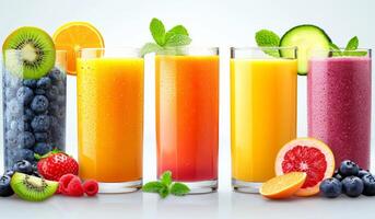 AI generated Various glasses of juices and smoothies. Capture the vibrant variety of different types of fruits and vegetables in this captivating photo. photo