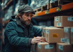 AI generated A man putting away a box of packages in his warehouse. A skilled man in a warehouse swiftly and accurately handling boxes for efficient operations. photo