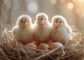 AI generated Four little chicks in the straw nest. Chicken sitting in a basket of eggs photo