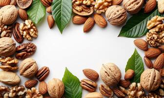 ai generado Almendras y nueces en blanco antecedentes. foto