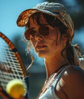 AI generated Woman Holding Tennis Racquet on Top of Tennis Court photo