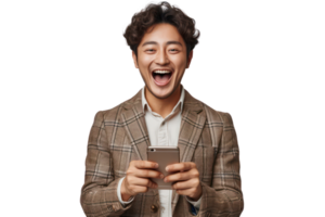 AI generated Happy asian young man in suit with phone rejoices in victory or winning isolated on transparent background png