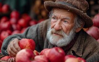 AI generated Old Man With Hat and Apple Basket, A Simple Portrait of Aging and Harvesting photo