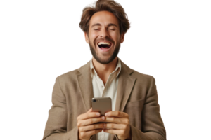 AI generated Happy young man in suit with phone rejoices in victory or winning isolated on transparent background png