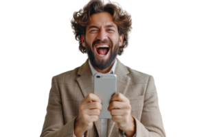 AI generated Happy young man in suit with phone rejoices in victory or winning isolated on transparent background png