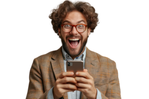 AI generated Happy young man in suit with phone rejoices in victory or winning isolated on transparent background png