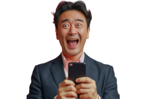 AI generated Happy asian young man in suit with phone rejoices in victory or winning isolated on transparent background png