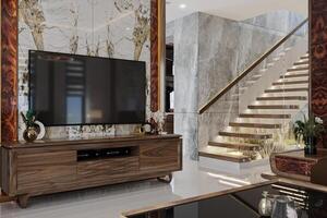 moderno concepto abierto hogar interior vivo habitación con flotante escalera foto