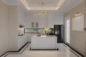 White luxury modern kitchen with a large island and scheme with white color. photo