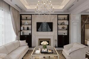 The living room is decorated in shades of white and features a cozy fireplace, a television, a comfortable sofa photo