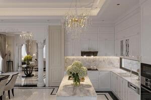 Open Concept Elegant and Spacious Kitchen with Marble Countertops, Chandelier, and white Toned Cabinets photo