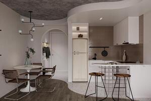 interior de cocina y comida habitación con elegante mueble en moderno diseño y lujo. foto