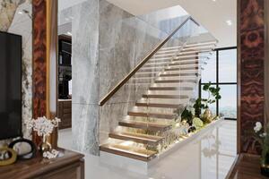 Interior design of modern entrance hall with staircase in villa. photo