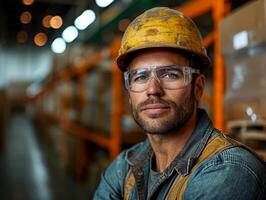 ai generado trabajador vistiendo difícil sombrero y lentes en un construcción sitio foto