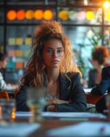 AI generated Team building workshops people. A woman sits at a table in a restaurant, enjoying a meal and engaging in conversation with others. photo